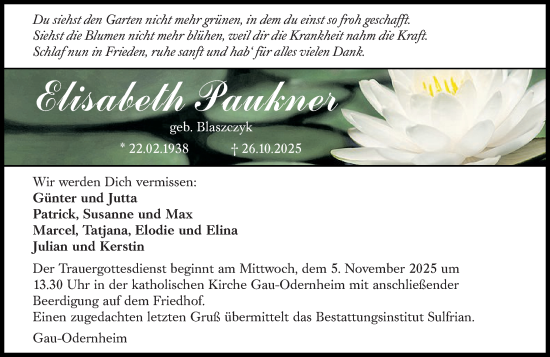 Traueranzeige von Elisabeth Paukner von Allgemeine Zeitung Alzey Traueranzeige von Elisabeth Paukner von Allgemeine Zeitung Alzey