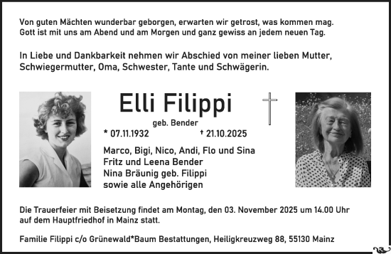 Traueranzeige von Elli Filippi von Allgemeine Zeitung Mainz Traueranzeige von Elli Filippi von Allgemeine Zeitung Mainz
