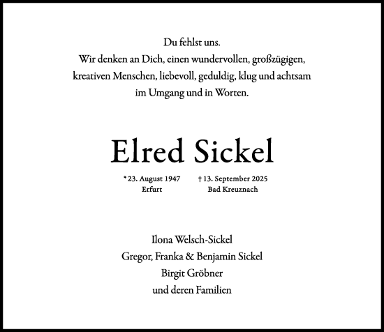 Traueranzeige von Elred Sickel von Allgemeine Zeitung Rheinhessen-Nahe Traueranzeige von Elred Sickel von Allgemeine Zeitung Rheinhessen-Nahe