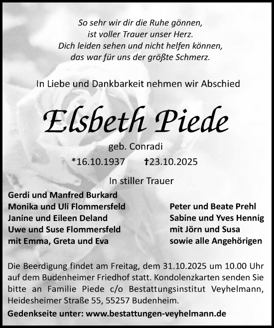 Traueranzeige von Elsbeth Piede von Allgemeine Zeitung Mainz Traueranzeige von Elsbeth Piede von Allgemeine Zeitung Mainz