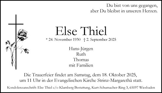 Traueranzeige von Else Thiel von Wiesbadener Kurier