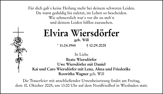 Traueranzeige von Elvira Wiersdörfer von Wiesbadener Kurier Traueranzeige von Elvira Wiersdörfer von Wiesbadener Kurier