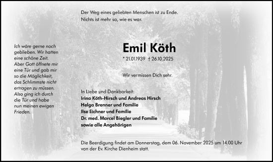 Traueranzeige von Emil Köth von Wormser Zeitung Traueranzeige von Emil Köth von Wormser Zeitung