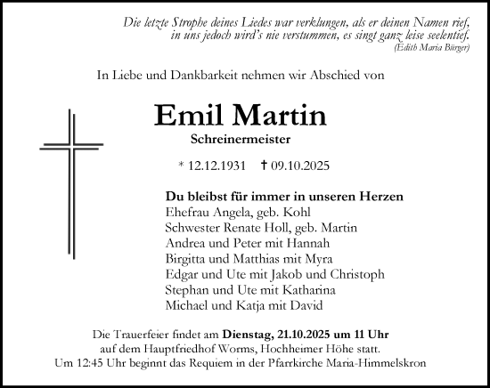 Traueranzeige von Emil Martin von Wormser Zeitung Traueranzeige von Emil Martin von Wormser Zeitung