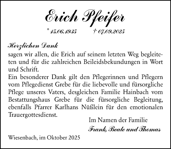 Traueranzeige von Erich Pfeifer von Hinterländer Anzeiger