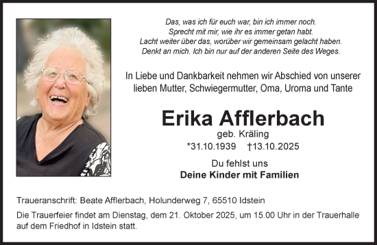 Traueranzeige von Erika Afflerbach von Idsteiner Land/Untertaunus Traueranzeige von Erika Afflerbach von Idsteiner Land/Untertaunus