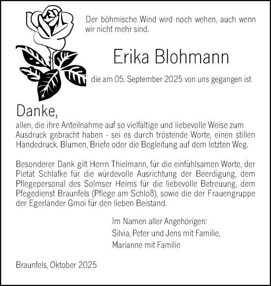 Traueranzeige von Erika Blohmann von Wetzlarer Neue Zeitung