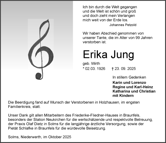 Traueranzeige von Erika Jung von Dill Block Traueranzeige von Erika Jung von Dill Block