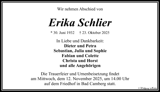 Traueranzeige von Erika Schlier von Camberger Anzeiger Traueranzeige von Erika Schlier von Camberger Anzeiger