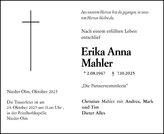 Traueranzeige von Erika Anna Mahler von Allgemeine Zeitung Mainz Traueranzeige von Erika Anna Mahler von Allgemeine Zeitung Mainz