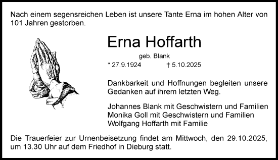 Traueranzeige von Erna Hoffarth von Dieburger Anzeiger/Groß-Zimmerner Lokal-Anzeiger Traueranzeige von Erna Hoffarth von Dieburger Anzeiger/Groß-Zimmerner Lokal-Anzeiger