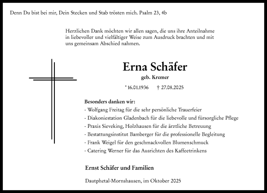 Traueranzeige von Erna Schäfer von Hinterländer Anzeiger