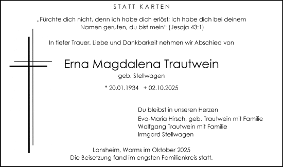 Traueranzeige von Erna Magdalena Trautwein von Allgemeine Zeitung Rheinhessen-Nahe