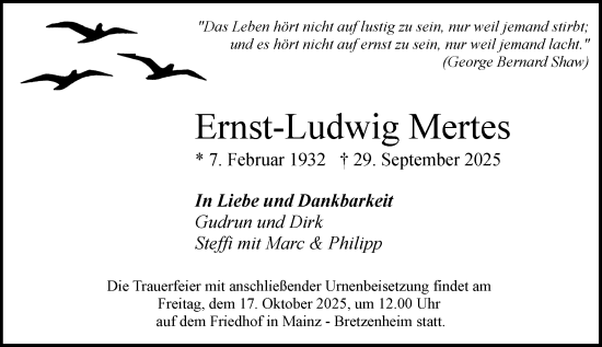 Traueranzeige von Ernst-Ludwig Mertes von Allgemeine Zeitung Mainz Traueranzeige von Ernst-Ludwig Mertes von Allgemeine Zeitung Mainz
