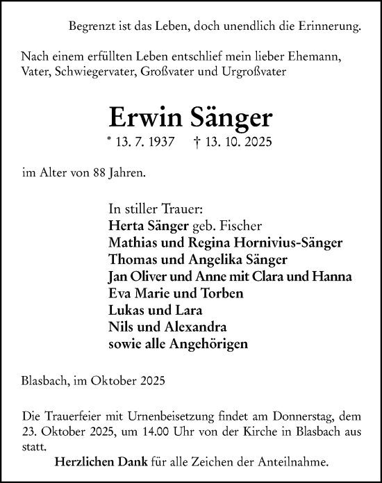 Traueranzeige von Erwin Sänger von Wetzlarer Neue Zeitung