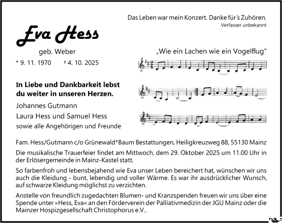 Traueranzeige von Eva Hess von Allgemeine Zeitung Mainz Traueranzeige von Eva Hess von Allgemeine Zeitung Mainz