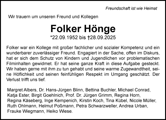 Traueranzeige von Folker Hönge von Wiesbadener Kurier Traueranzeige von Folker Hönge von Wiesbadener Kurier
