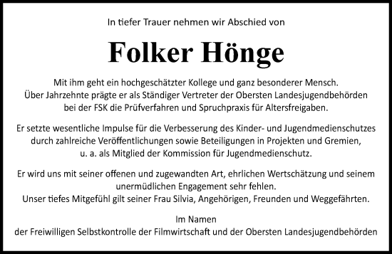 Traueranzeige von Folker Hönge von Wiesbadener Kurier Traueranzeige von Folker Hönge von Wiesbadener Kurier