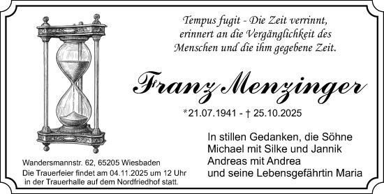 Traueranzeige von Franz Menzinger von Wiesbadener Kurier Traueranzeige von Franz Menzinger von Wiesbadener Kurier