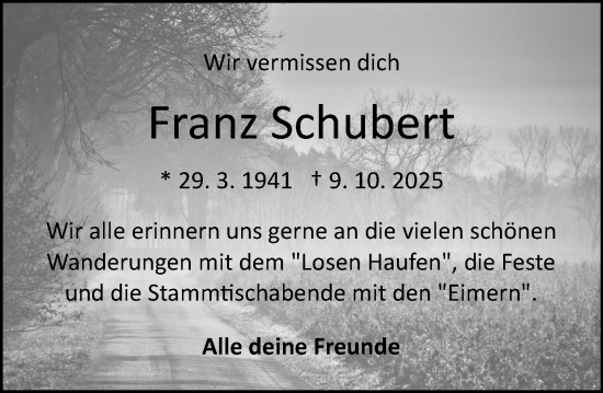 Traueranzeige von Franz Schubert von Odenwälder Echo Traueranzeige von Franz Schubert von Odenwälder Echo