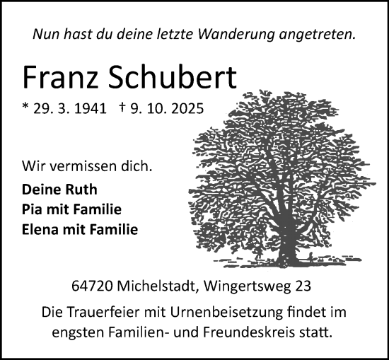 Traueranzeige von Franz Schubert von Odenwälder Echo Traueranzeige von Franz Schubert von Odenwälder Echo