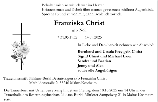 Traueranzeige von Franziska Christ von Allgemeine Zeitung Mainz Traueranzeige von Franziska Christ von Allgemeine Zeitung Mainz