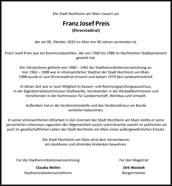 Traueranzeige von Franz Josef Preis von Hochheimer Zeitung Traueranzeige von Franz Josef Preis von Hochheimer Zeitung