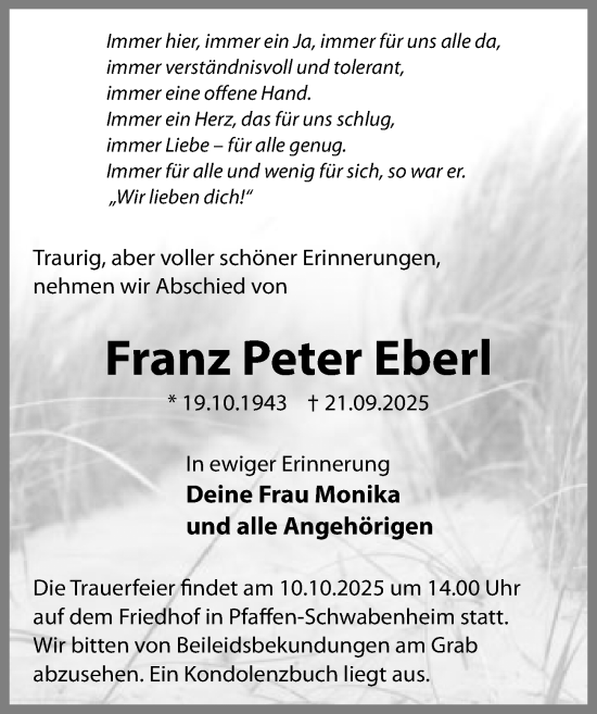 Traueranzeige von Franz Peter Eberl von Wiesbadener Kurier