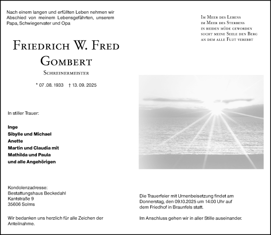 Traueranzeige von Friedrich W. Fred Gombert von Wetzlarer Neue Zeitung Traueranzeige von Friedrich W. Fred Gombert von Wetzlarer Neue Zeitung