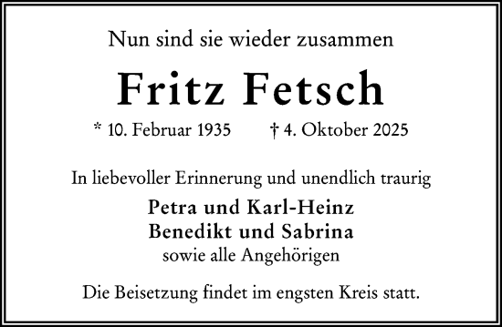 Traueranzeige von Fritz Fetsch von Wiesbadener Kurier Traueranzeige von Fritz Fetsch von Wiesbadener Kurier