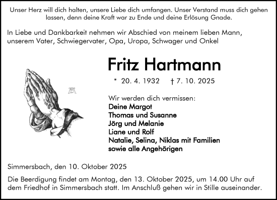 Traueranzeige von Fritz Hartmann von Dill Block