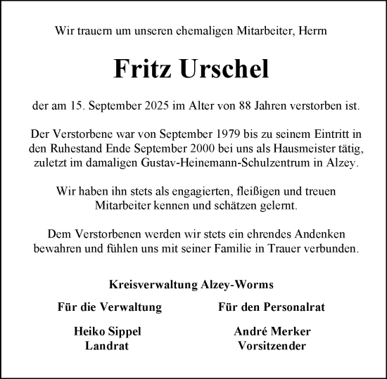 Traueranzeige von Fritz Urschel von Allgemeine Zeitung Alzey