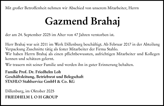 Traueranzeige von Gazmend Brahaj von Dill Block