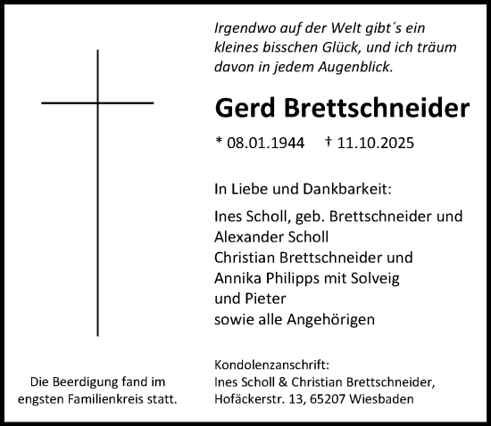 Traueranzeige von Gerd Brettschneider von Wiesbadener Kurier Traueranzeige von Gerd Brettschneider von Wiesbadener Kurier