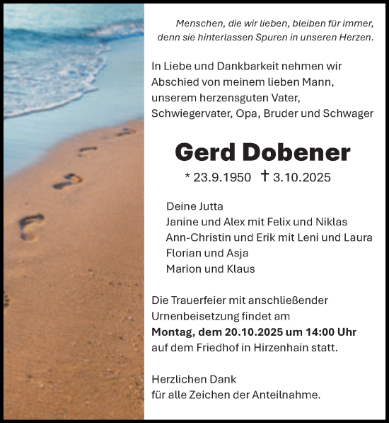 Traueranzeige von Gerd Dobener von Dill Block Traueranzeige von Gerd Dobener von Dill Block