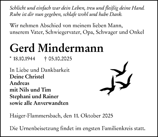 Traueranzeige von Gerd Mindermann von Dill Block Traueranzeige von Gerd Mindermann von Dill Block
