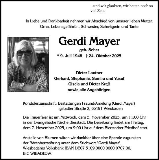 Traueranzeige von Gerdi Mayer von Wiesbadener Kurier Traueranzeige von Gerdi Mayer von Wiesbadener Kurier