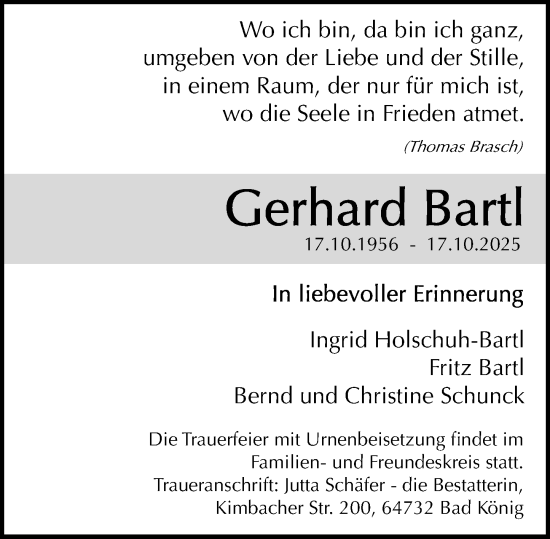 Traueranzeige von Gerhard Bartl von Odenwälder Echo Traueranzeige von Gerhard Bartl von Odenwälder Echo