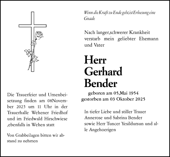 Traueranzeige von Gerhard Bender von Rheingau-Taunus-Kreis Wochenblatt Traueranzeige von Gerhard Bender von Rheingau-Taunus-Kreis Wochenblatt