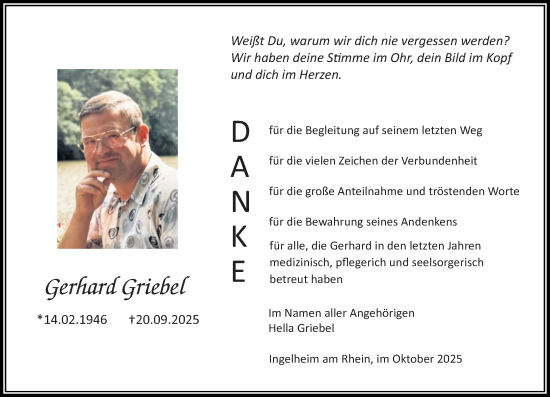 Traueranzeige von Gerhard Griebel von Allgemeine Zeitung Rheinhessen-Nahe Traueranzeige von Gerhard Griebel von Allgemeine Zeitung Rheinhessen-Nahe