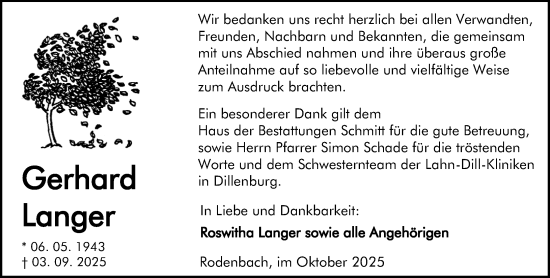 Traueranzeige von Gerhard Langer von Dill Block