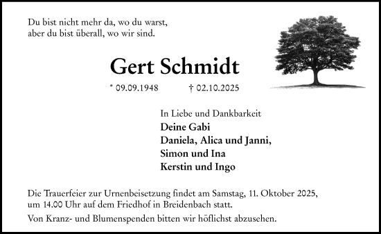 Traueranzeige von Gert Schmidt von Hinterländer Anzeiger Traueranzeige von Gert Schmidt von Hinterländer Anzeiger