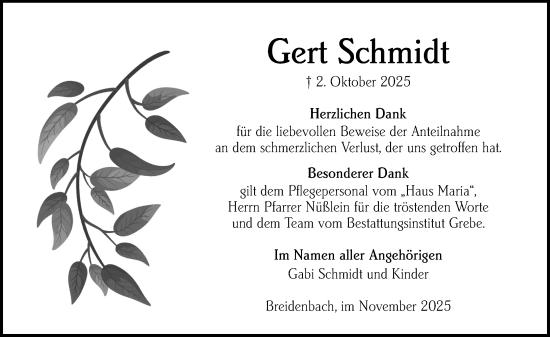 Traueranzeige von Gert Schmidt von Hinterländer Anzeiger Traueranzeige von Gert Schmidt von Hinterländer Anzeiger