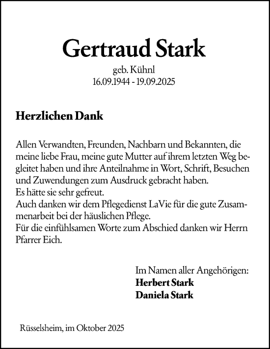 Traueranzeige von Gertraud Stark von Rüsselsheimer Echo Traueranzeige von Gertraud Stark von Rüsselsheimer Echo