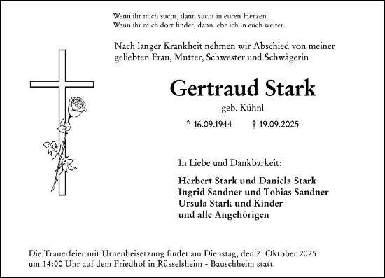 Traueranzeige von Gertraud Stark von Rüsselsheimer Echo Traueranzeige von Gertraud Stark von Rüsselsheimer Echo