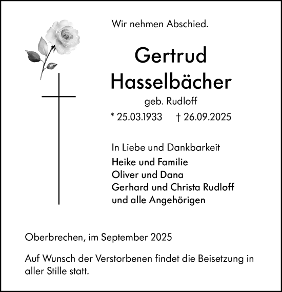 Traueranzeige von Gertrud Hasselbächer von Camberger Anzeiger