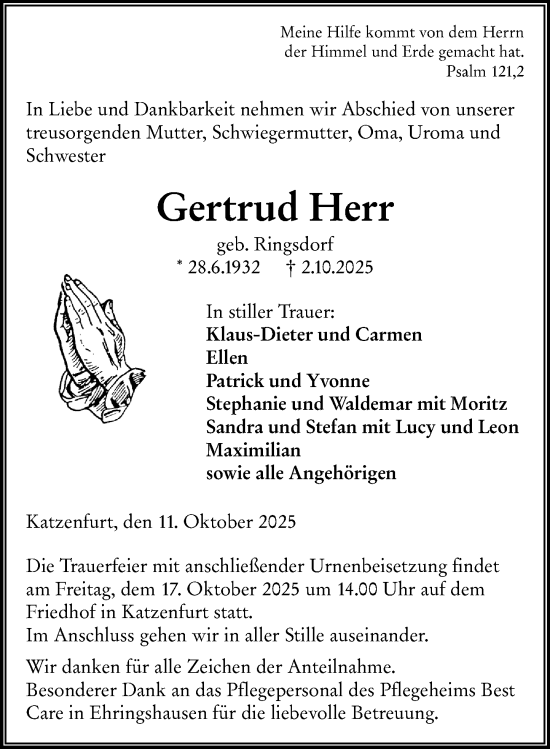 Traueranzeige von Gertrud Herr von Wetzlarer Neue Zeitung