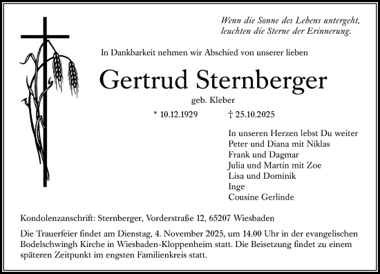 Traueranzeige von Gertrud Sternberger von Wiesbadener Kurier Traueranzeige von Gertrud Sternberger von Wiesbadener Kurier