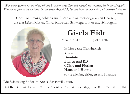 Traueranzeige von Gisela Eidt von Allgemeine Zeitung Rheinhessen-Nahe Traueranzeige von Gisela Eidt von Allgemeine Zeitung Rheinhessen-Nahe