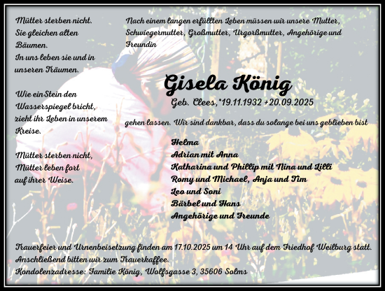 Traueranzeige von Gisela König von Weilburger Tageblatt Traueranzeige von Gisela König von Weilburger Tageblatt